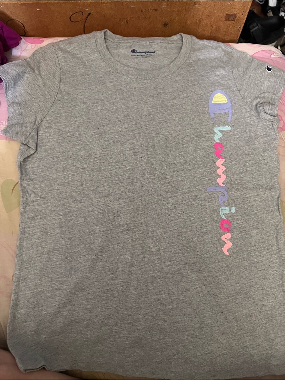 Champion Gray Short-Sleeve Tee with Pastel Vertical Logo